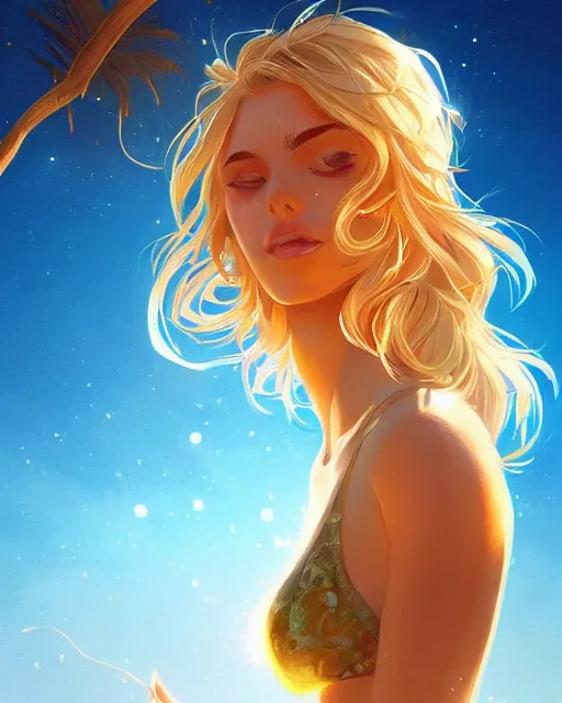 Image similar to summer vibes, beautiful sun tanned goddess, flowy golden hair, sun, summer, cinematic lighting, highly detailed, digital painting, trending on artstation, pixiv, concept art, sharp focus, illustration, art by ross tran and wlop