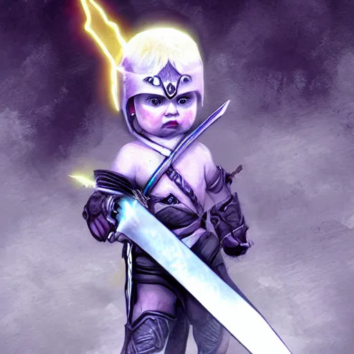 Image similar to a baby warrior holding the necro sword, lightning