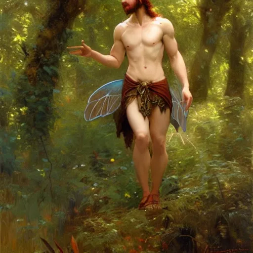 Image similar to attractive male fairy with wings in the forest, posing. highly detailed painting by gaston bussiere, craig mullins, j. c. leyendecker, 8 k