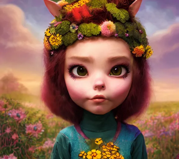Prompt: an epic fantasy comic book style portrait painting of an extremely cute and adorable very beautiful flowerpunk cat halfling, character design by mark ryden and pixar and hayao miyazaki, unreal 5, daz, hyperrealistic, octane render, cosplay, rpg portrait, dynamic lighting, intricate detail, harvest fall vibrancy, cinematic
