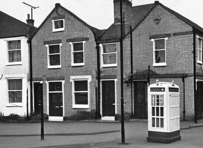 Image similar to photo of a metropolitan police box in front of houses in suburban london, police box, 1936, sepia