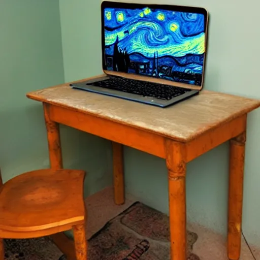 Image similar to desk with laptop and monitor in the style of van gogh