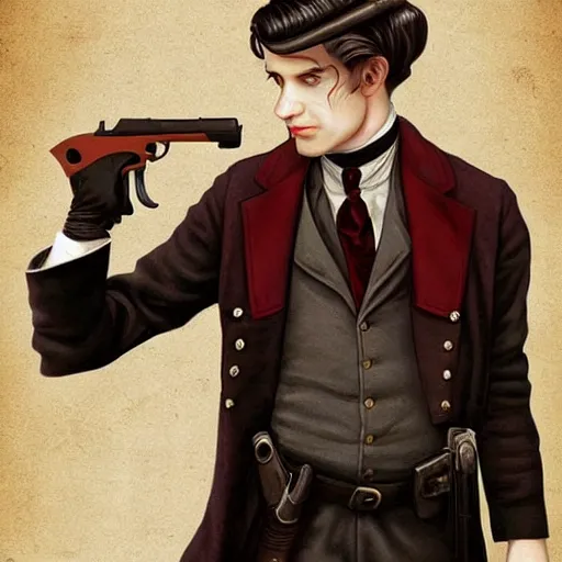Image similar to a victorian doctor with a gun, young man, clean shaven, red eyes, very pale, vampire, dark brown duster, short brown hair, brooding, character art, full body art, Dungeons and Dragons, D&D, trending on artstation, artgerm, 4k ultra hd, sharp focus, highly detailed, digital art by Ilya Kuvshinov and Ross Tran,