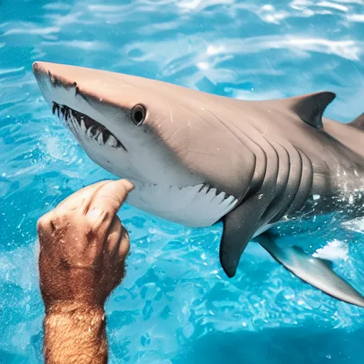 Prompt: a man feeding a shark in a pool