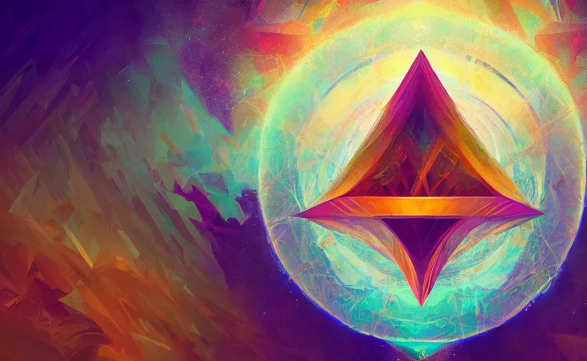 Image similar to a painting of a sacred geometry trending on artstation in the style of greg rutkowski, 3 d, fractal, 4 d, endless, rainbow, geometric tesseract, symmetry, wallpaper, sacred, 5 d