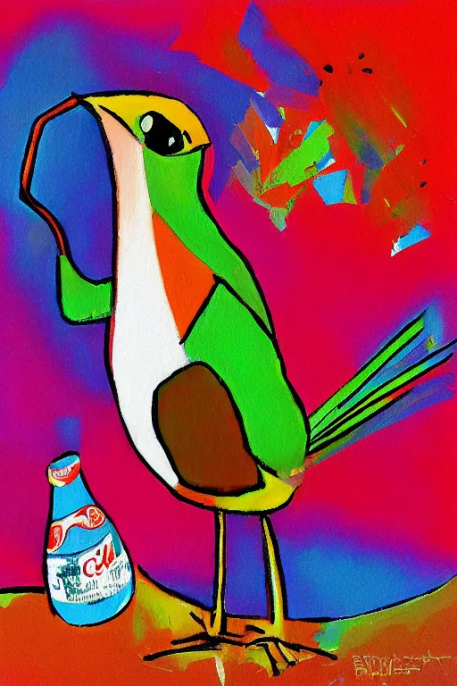 Prompt: a colorful bird drinking cola by bijou karman