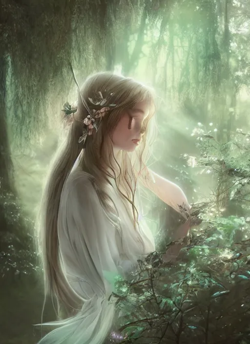 Image similar to beatiful ethereal elf princess in an enchanted forest, 3/4 side view, hair jewellery, fully clothed, light mist, light rays sieving through the trees, shallow depth of field, focus on the face, coherent composition, by Yuumei, by Artgerm, by WLOP