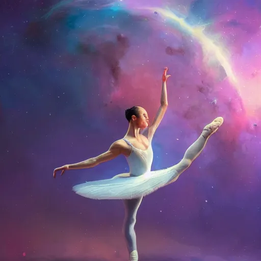 Prompt: a ballerina dancing in space, warm lighting with cool shadows, digital painting, detailed, trending on artstation, nebulas in background, expressive digital painting, in the style of dominik mayer marco bucci, gaston bussiere, and norman rockwell, beautiful nebulas in the background, 8 k, hard lines, particles, ray tracing, realism