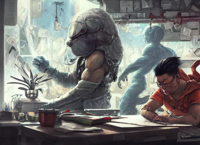 Image similar to an insanely detailed painting of an asian man wearing a homemade superhero costume, sitting at a desk, staring seriously at the computer and typing, in the style of peter mohrbacher, james jean, dramatic lighting and composition, surreal background, octane render, pixar, trending on artstation, concept art, comic book, view from behind, 8 k