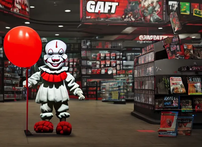 Prompt: giant pennywise seen shopping at gamestop, pennywise can be seen buying his game collection, amazing details, atmospheric, surrealism, 8 k, octane render, cold hue's, warm tone gradient background