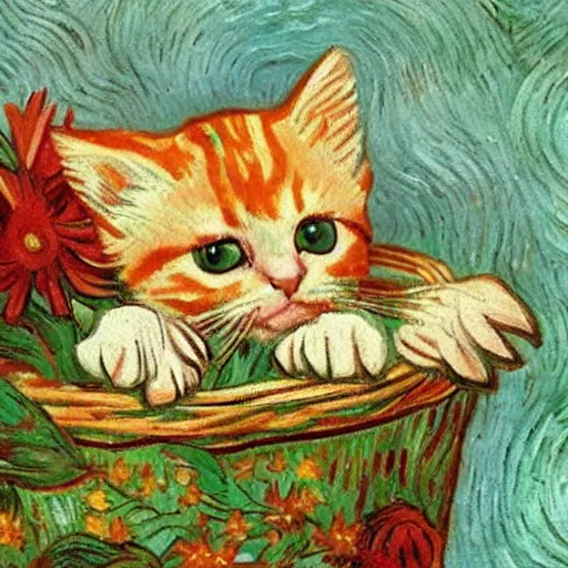 Image similar to cute kitten sitting in a basket of flowers floating down a river, surrounded by a lush forest, historic painting by van gogh, stunning detail, 8 k, beautiful