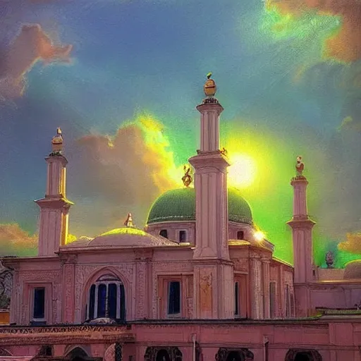 Image similar to beautiful hyper realistic synagogue in a sunny city, large green dome, impressionist style, sunset, dramatic lighting