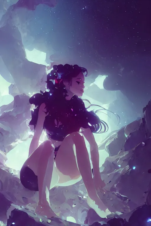 Image similar to A beautiful woman sitting on a bed of crystals below planets, cinematic lighting, dramatic atmosphere, by Dustin Nguyen, Akihiko Yoshida, Greg Tocchini, Greg Rutkowski, Cliff Chiang, 4k resolution, trending on artstation