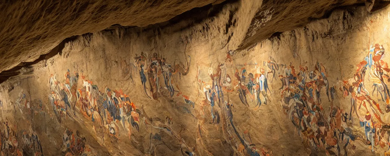 Prompt: wide shot paintings on a cave wall that feature spaghetti, archaic, fine detail