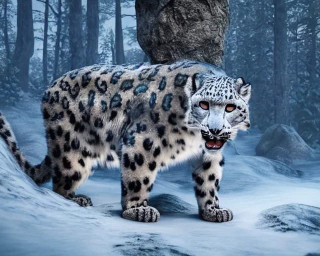 Image similar to a snow leopard standing on a riverbank in a snowy forest forest, natural lighting, very coherent, ultra realistic, concept art, intricate details, highly detailed, photorealistic, octane render, 8 k, unreal engine