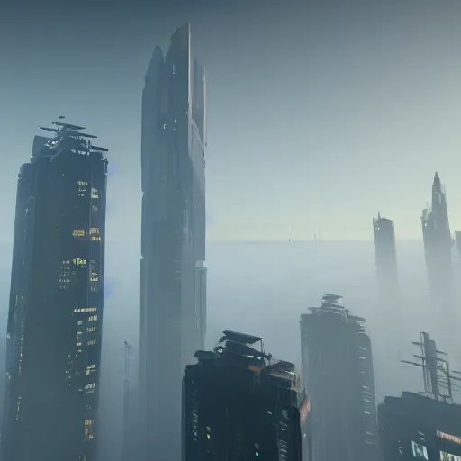 Prompt: cyberpunk skyscrapers shaped like human bodies, towering above a sea of fog, unreal engine 4k