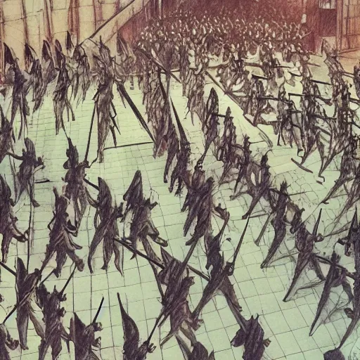 Image similar to one hero with sword looking at army of swordsmen in the background, in the middle of an arena, crowd of people, pencil art, added detail, high definiton, colored, aerial view, byyoji shinkawa