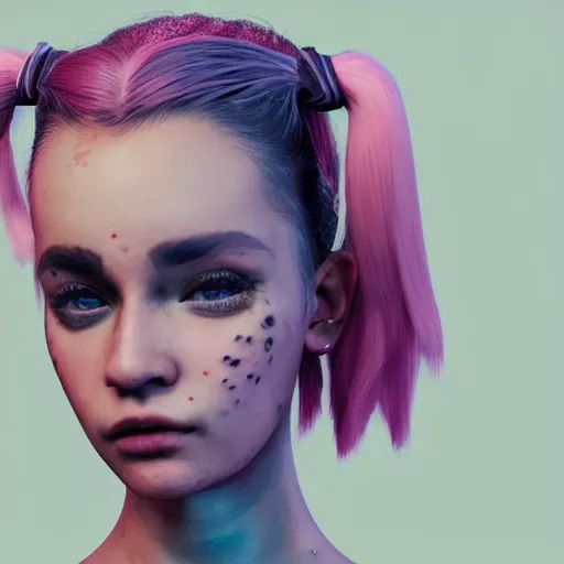 Image similar to An octane 3d render of a girl with pink pigtails, and face tattoos, 8d, HD, hyper detailed, intricate details, photorealistic, dynamic lighting, stunning visuals, creative, trending on art station,