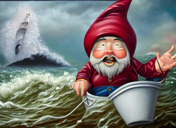 Image similar to a terrified garden gnome sailing in a bucket, background of raging ocean on a stormy day with dramatic clouds, an ultrafine detailed painting by mark ryden, trending on deviantart, pop surrealism, whimsical, lowbrow, rainy, perfect symmetrical face