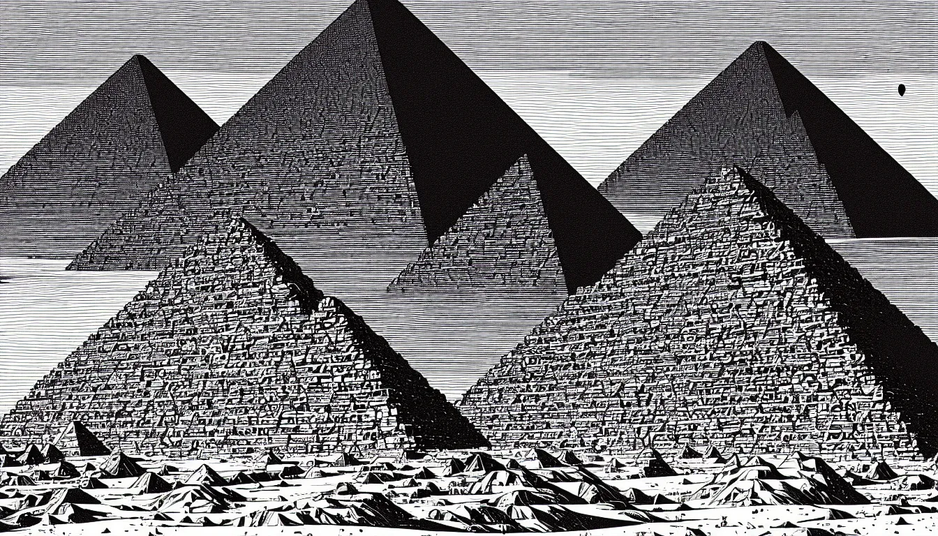 Image similar to pyramids of giza by woodblock print, nicolas delort, moebius, victo ngai, josan gonzalez, kilian eng