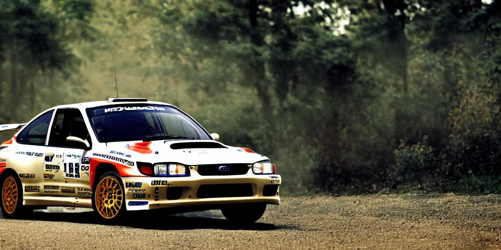 Image similar to photograph, rally car, 1999 subaru WRX, cinematic, 8k, depth of field, bokeh.