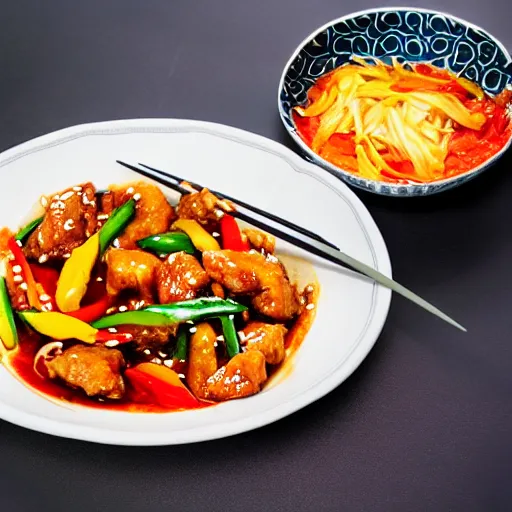 Image similar to anonymous eating dinner of thai sweet and sour pork stirfry, epic award - winning professional food photography