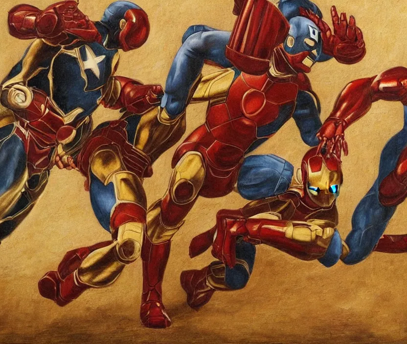 Prompt: oil painting of a fight between Iron man and captain America by Leonardo da Vinci