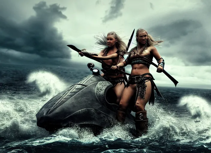 Image similar to dramatic photo of viking women with weapons riding on jet skis, wearing skin - tight futuristic valkerie bikinis, rough seas in background, lightning storms, water world, mad max, hyper - realistic, highly detailed, accurate, 8 k octane render, 2 8 mm, wide angle, rule of thirds