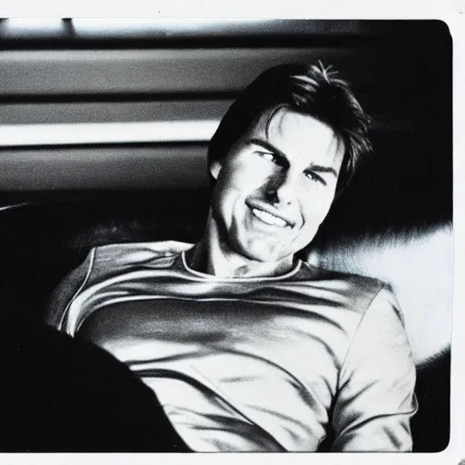 Prompt: Polaroid of Tom Cruise sitting in recliner with remote control 1983