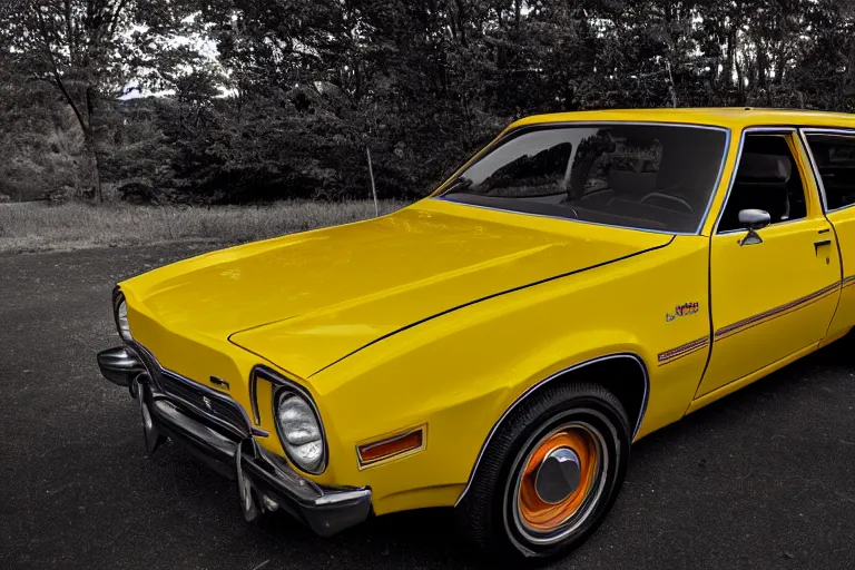 Image similar to 1 9 7 3 ford pinto stationwagon, yellow - orange color, wide - angle lens, dramatic lighting, cool marketing photo