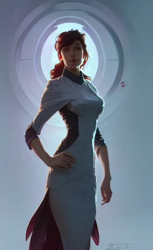 Image similar to Female in office dress, sci-fi, highly detailed, digital painting, artstation, concept art, smooth, sharp focus, illustration, art by artgerm and greg rutkowski and alphonse mucha