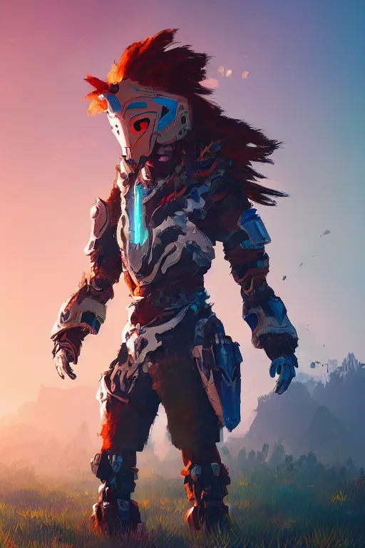 Image similar to combination suit armor aloy horizon forbidden west horizon zero dawn radiating a glowing aura global illumination ray tracing hdr fanart arstation by ian pesty and alena aenami artworks in 4 k tribal robot ninja mask helmet backpack