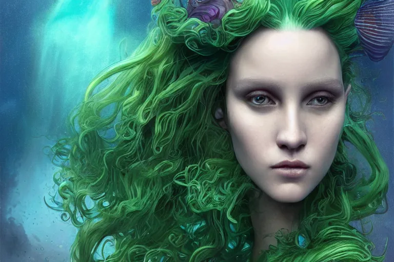 Image similar to tom bagshaw, ultra realist portrait waves miniatures underwater curiosities squids carnival, a single very beautiful enchantress long hairs in full underwater mermaid armor, symmetry accurate features, focus, very intricate ultrafine details, green purple aqua volumetric lights, award winning masterpiece, octane render 8 k hd