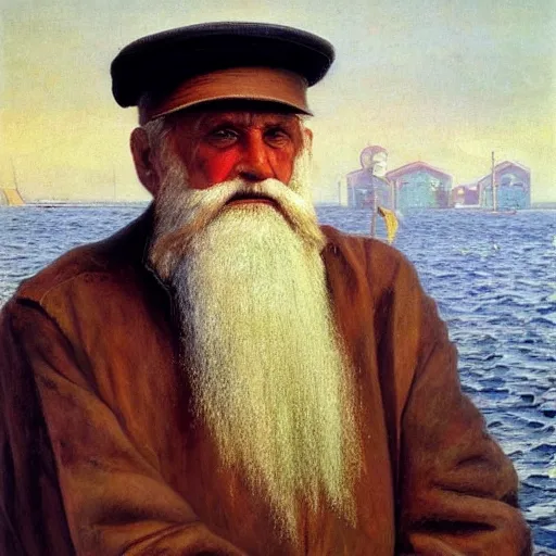 Image similar to painting of sailor hobo hyperrealism vasily vereshchagin at harbor boat