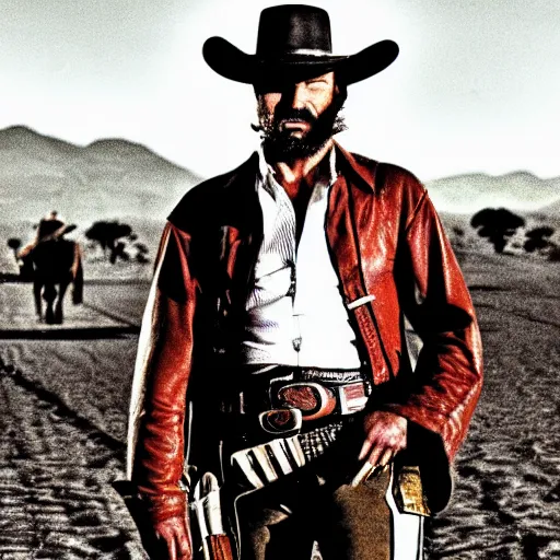 Image similar to a cowboy at high noon in the style of a clint eastwood movie, the good, the bad and the ugly, clint eastwood, steven seagal, bud spencer, donald trump, glory days, patriotism