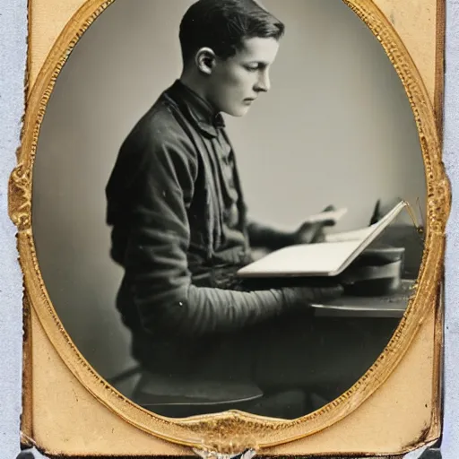 Prompt: Young man in 1910 working on a laptop, daguerreotype photo, HD