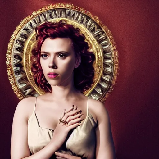 Image similar to scarlett johansson dressed as a greek goddess in front of a ring of sapphire rose ring, ornate gold border, vignette, warm tri - color, subtle chromatic aberration, painted by francis goya