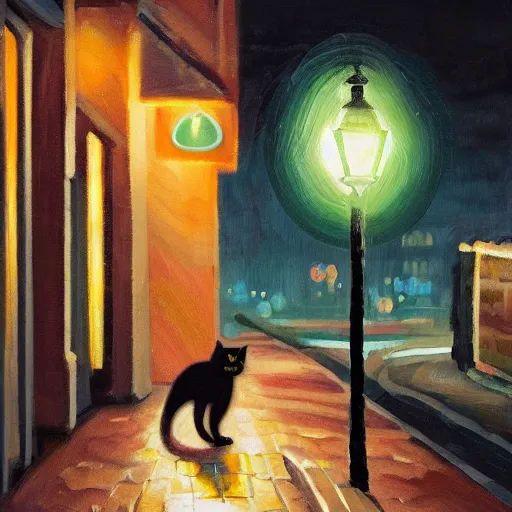 Prompt: stylized oil painting of a black cat with green eyes sitting on a city street at night, illuminated by a street light