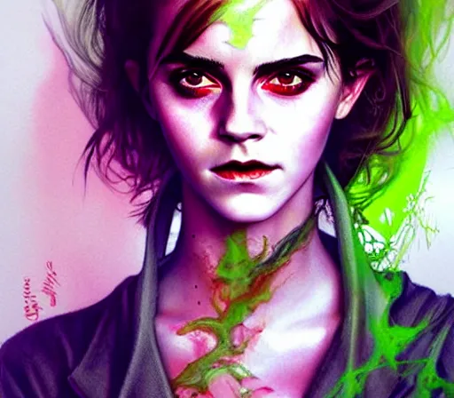 Prompt: a Demon Slayer portrait of Emma Watson , tall, pale-skinned, and slender woman with lime green eyes and long eyelashes by Stanely Artgerm,Tom Bagshaw,arthur adams,Carne Griffiths,trending on DeviantArt,street art,face enhance,chillwave,maximalist,full of color,glittering