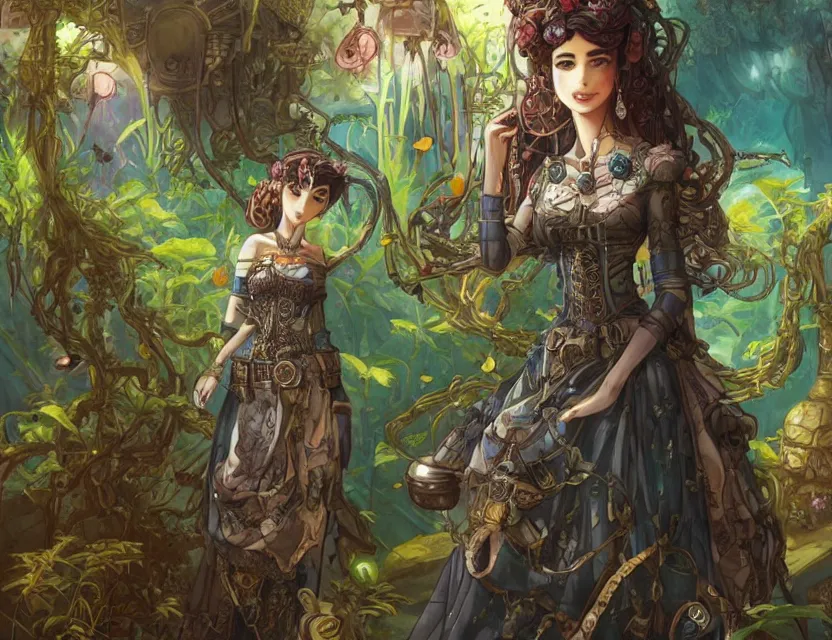 Image similar to middle eastern scifi princess in a planted aquarium, wearing a lovely dress with steampunk elements. this oil painting by the award - winning mangaka has an interesting color scheme and impeccable lighting.