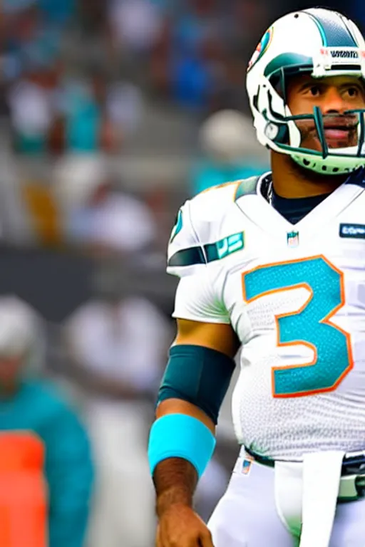 Prompt: russell wilson in a miami dolphins uniform