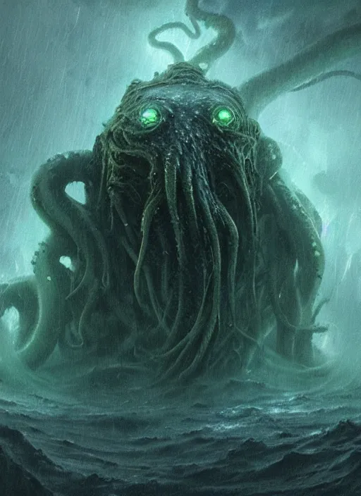 Prompt: concept art of a slimy cthulhu emerging from a thunder storm, thalassophobia, multiple illuminated lightning!!!, thunder!!!, amazing depth, lovecraftian, by jeremy mann, hr giger, beksinski, unreal engine highly rendered, ominous, misty, ultra detailed, dramatic lighting, 8 k