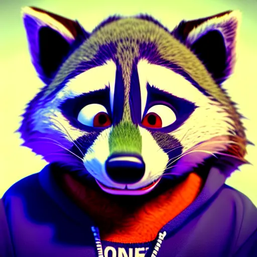Image similar to a stoner with a black hoodie on with a marijuana themed dark green raccoon head from zootopia, 3 d, blender 3 d, render, extremely detailed, 8 k, has red eyes and a relaxed expression