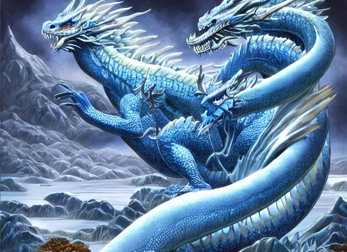 Prompt: a blue dragon laying in a hot spring, snowy alpine mountain landscape, rising steam, fantasy digital painting, stunning intricate details, artwork by todd lockwood