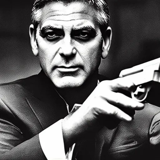 Image similar to George Clooney as James Bond, with pistol, cinematic photograph, dramatic background