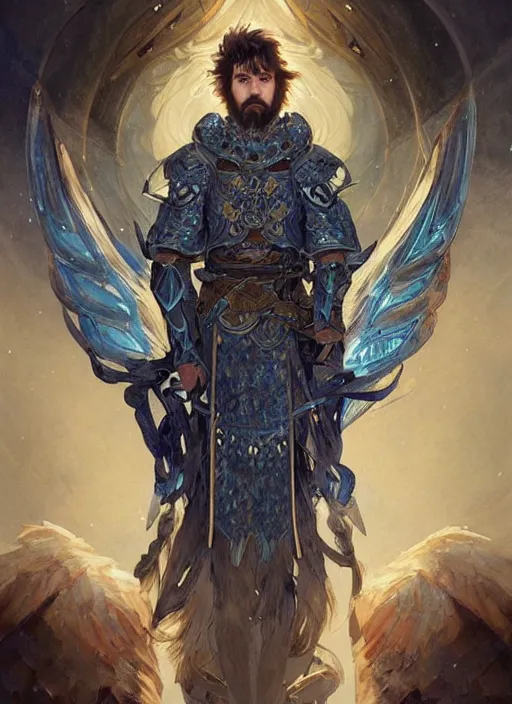 Prompt: A Human Male Paladin, detailed face, glowing white eyes, blue flames surrounding, shaggy hair, scruffy beard, medium armor, wings, fantasy, intricate, elegant, highly detailed, digital painting, artstation, concept art, smooth, sharp focus, illustration, art by Krenz Cushart and Artem Demura and alphonse mucha