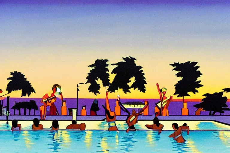 Image similar to stylistic oilpainting of a Punkband performing next to a swimming pool by sunset, painted by Hiroshi Nagai