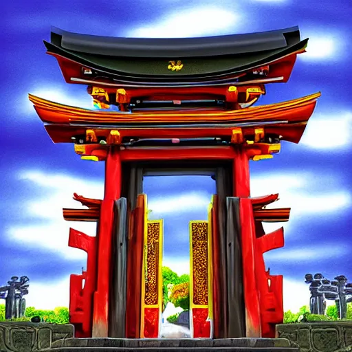 Image similar to infinite majestic shinto shrine portal, dark gate, magic door, pyromancer mage : : 1 full of colorpalette rippled layers, clouds, vines, swirls, curves, ultra fine detail, swirling clouds, artstation trending, art nouveau, raytracing, highly detailed, magic art nouveau rococo architecture