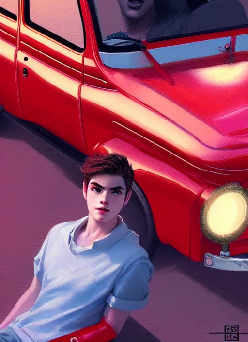 Image similar to teenage archie andrews, in a red ford model t, intricate, elegant, glowing lights, highly detailed, digital painting, artstation, sharp focus, illustration, art by wlop, mars ravelo and greg rutkowski