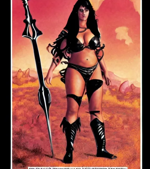 Prompt: 1 9 8 0 s fantasy novel book cover, bbw plus size amazonian young courtney cox in extremely tight bikini armor wielding a cartoonishly large sword, exaggerated body features, dark and smoky background, low quality print